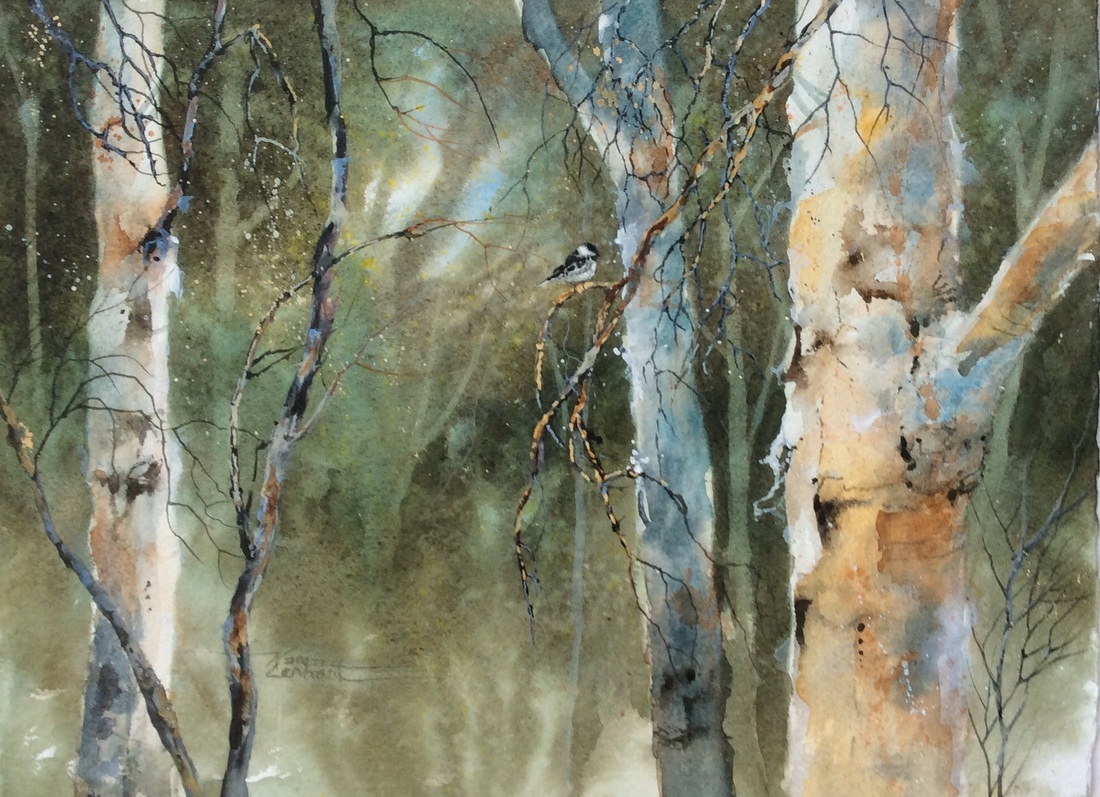 Karen Lenhart artist, Center Stage watercolor painting of a close-up of birch trees landscape