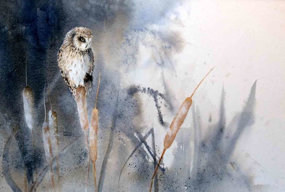 Karen Lenhart artist, Frosty Perch watercolor painting of an owl portrait on an abstract background, Giclée Print Available