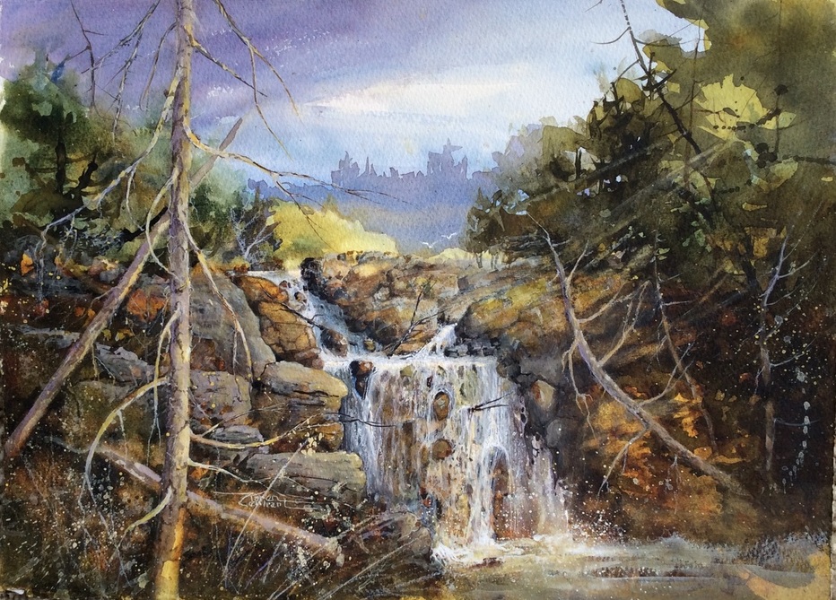 Karen Lenhart artist, Boulder Falls watercolor painting of a waterfall landscape